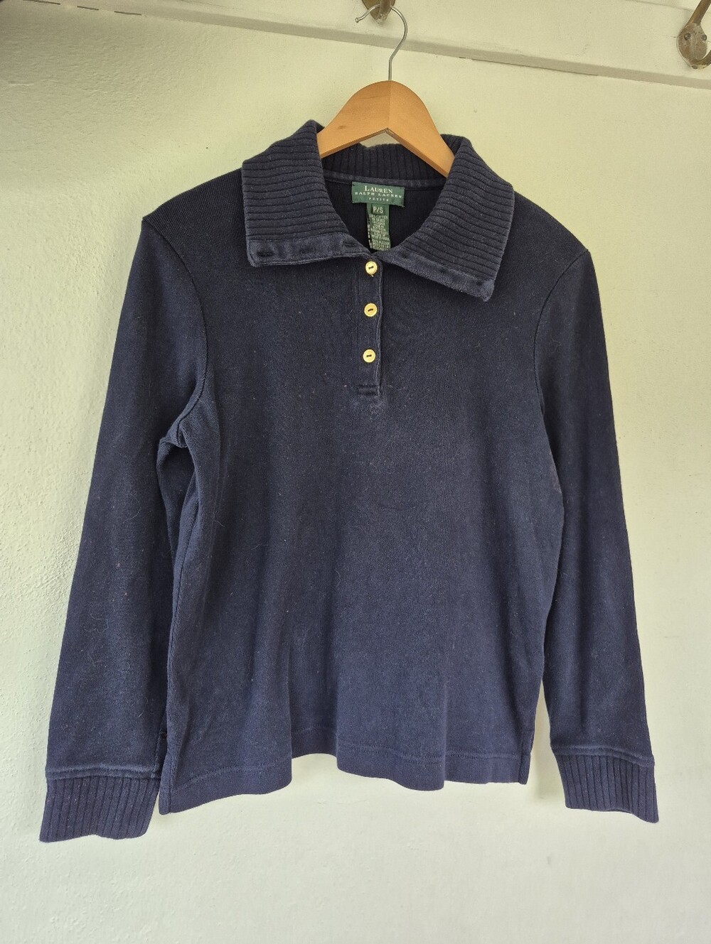 100% Cotton Navy Blue Sweater By Lauren Ralph Lauren Petite Small *damage